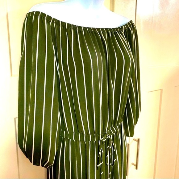 Haute Monde Dark Olive Striped Jumpsuit Size Medium Wide Legs Elastic Waist - Picture 4 of 15